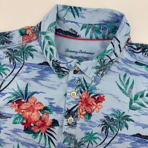 Tommy Bahama Polo Mens Large Blue IslandZone Tropical Floral Palm Tree Shirt